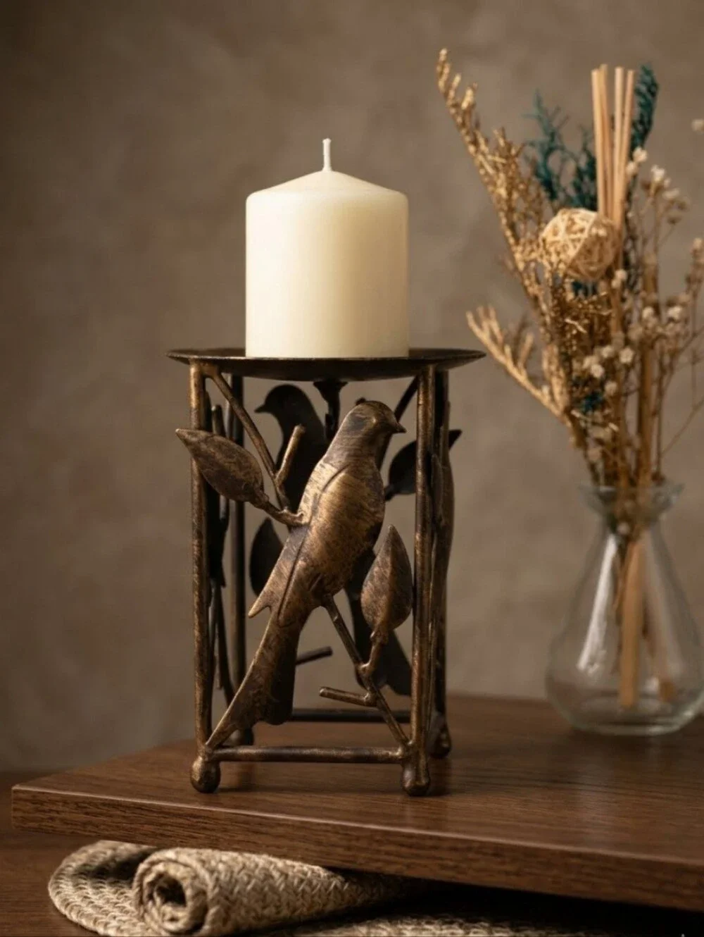 3 Wick Metal Candle Holder Antique Gold Tone Birds Perched on Branch.